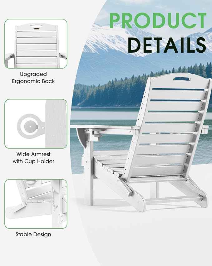 Adirondack Chairs Set of 4, Outdoor Fire Pit Chairs, HDPE All-Weather Adirondack Chairs with Cup Holder, Lawn Chair for Deck, Patio, Garden (White)