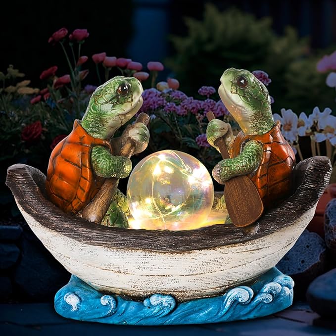 Solar Turtles Boating Garden Statue with Ball Light 5.5" Resin Turtle Figurines Outdoor Statues for Garden Patio Porch Yard Lawn Women Kids Men