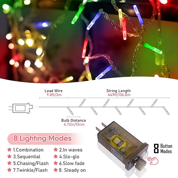 Heceltt 1140 LED 449 FT String Lights Outdoor, 8 Modes Easter Lights Plug in, IP44 Waterproof Led String Lights with Timer and Memory for Easter Yard Party Garden Decorations (Multicolor)