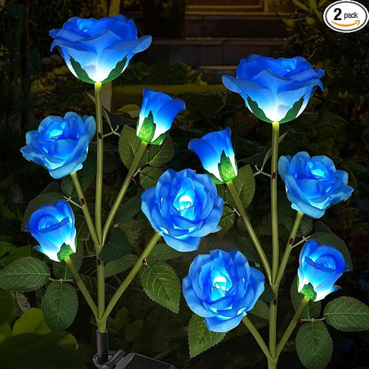 Solar Garden Lights, Solar Outdoor Lights with More Realistic 10 Rose Waterproof Solar Powered Flowers Lights for Outside Patio Yard Pathway Decorations, 2 Pack, Blue