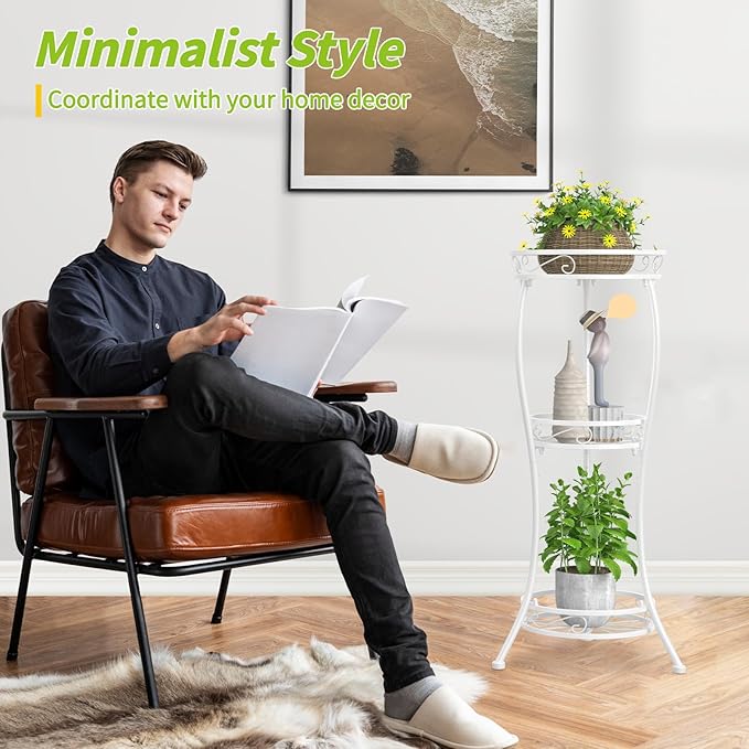 KMOTASUO 3 Tier Tall Metal Plant Stand, 34 Inch Plant Stands Indoor Outdoor, Rustproof Wrought Iron Flower Pot Holder Display Rack for Corner Patio Garden Balcony Living Room(White)