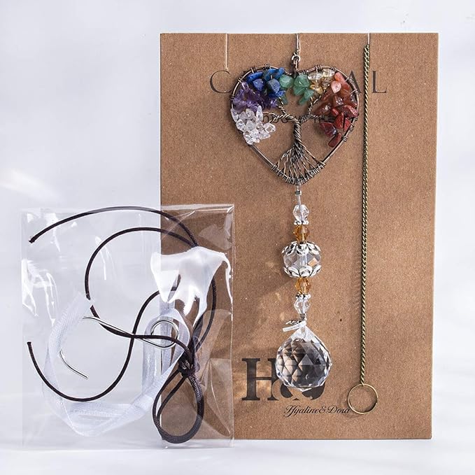 H&D HYALINE & DORA Suncatcher Window Hanging Tree of Life Heart Shaped Crystal Ball Prism Drop Pendant