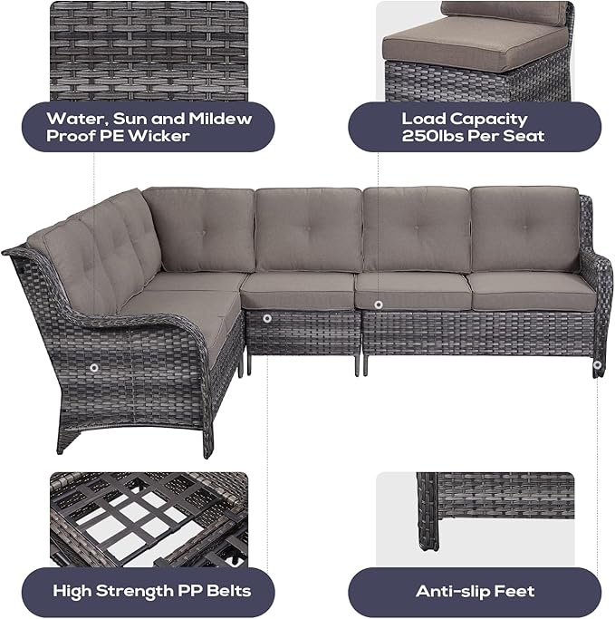 Outdoor Sectional Furniture Sofa Set with Propane Fire Pit Table, Wicker Patio Conversation Set with 2 Swivel Rocker Glider Chairs Grey Cushion Perfect for Backyard Casual Gathering