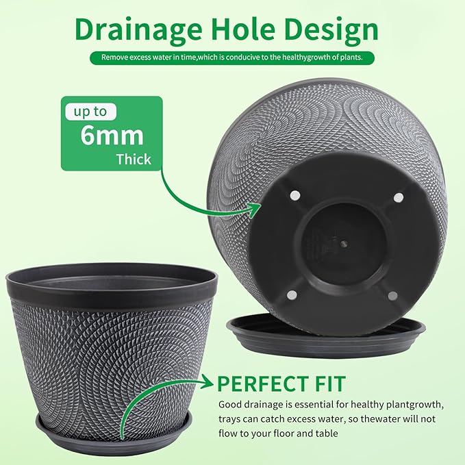 Quarut 4 Pack 8 Inch Flower Pots Planters for Outdoor Indoor, Plastic Plant Pots with Drainage Hole & Tray, Modern Decorative Garden Pot with Saucer, planters for House (Gray)