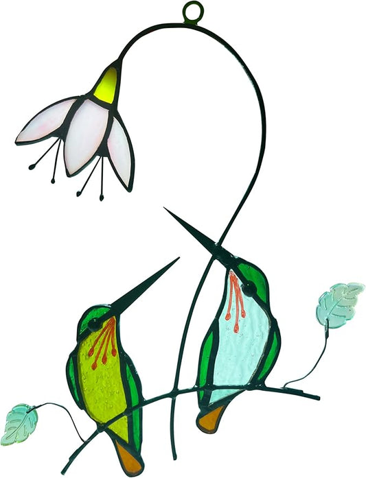 Hummingbird with Flower Stained Glass Suncatcher Bird Stained Glass Window Hangings Hummingbird Gift for Women Home Decor