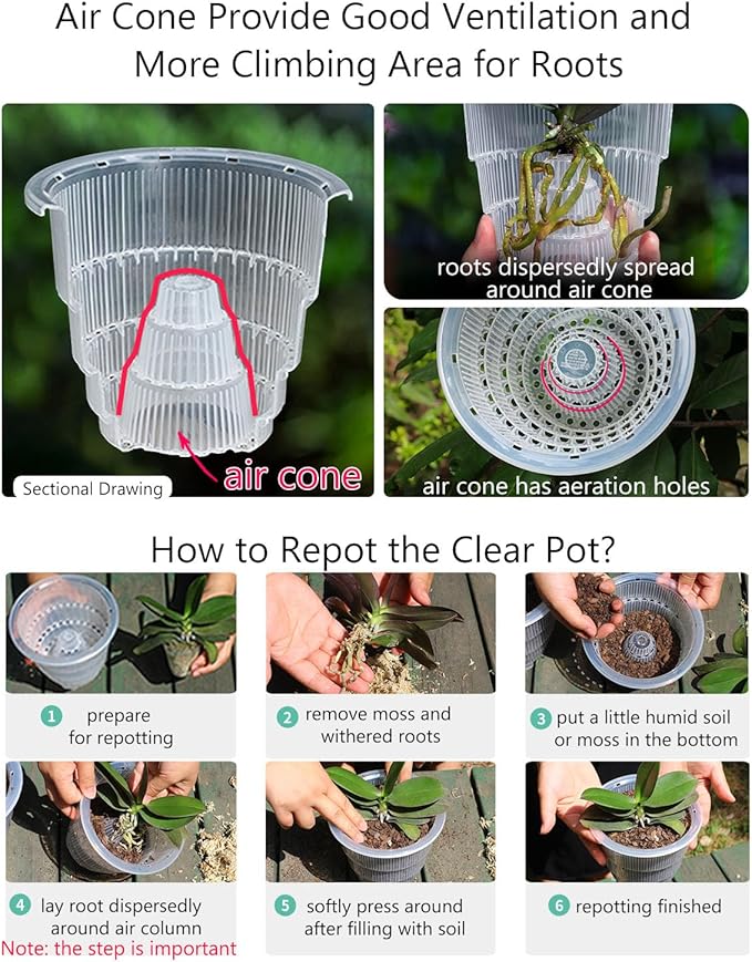 5 inch Orchid Pots with Holes for Repotting with Excellent Airflow, Set of 3, Double Layer Plastic Imitate Ceramic Orchid Planter, Clear Orchid Pot Match Decorative Orchid Container