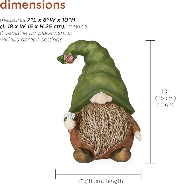 Alpine Corporation QWR1442 Gnome with Green Hat Holding a Flower, Playful Décor for Garden, Patio, & Lawn, 10" H, Multicolor