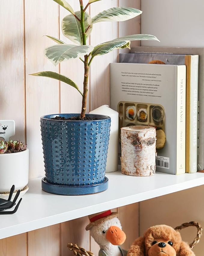 LE TAUCI Ceramic Pots for Plants, 5.5 Inch Plant Pots with Drainage and Saucer, Indoor Plant Pots for Succulents, Snake Plants, Cactus, and More, Set of 2, Reactive Glaze Blue