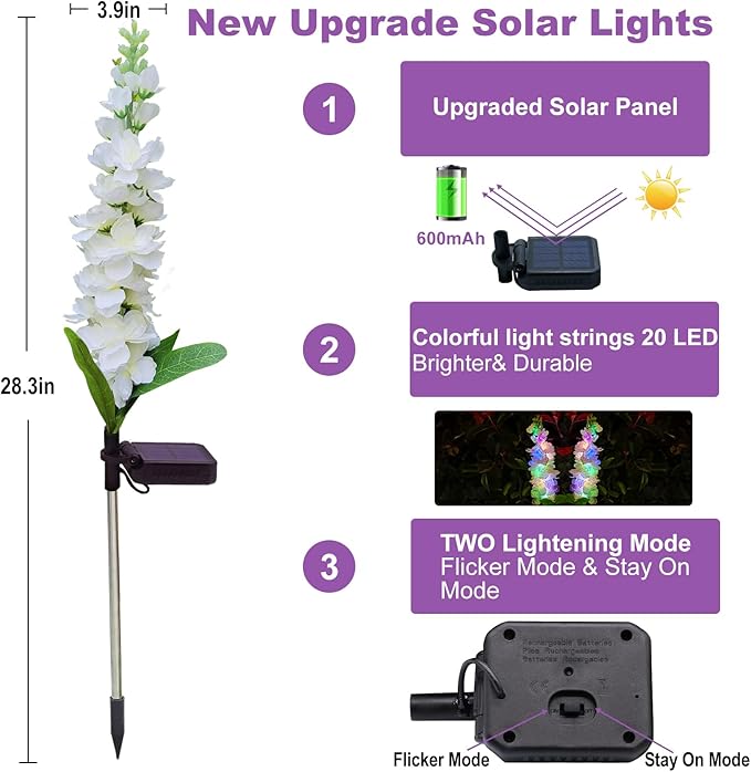 Solar Garden Lights, Solar Delphinium Flowers Lights 2 Pack 40 LEDs, Waterproof Solar Outdoor Lights Two Lighting Modes for Wedding Party Garden Yard Patio Lawn Decor and Gift for Mother