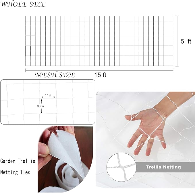 All-Weather Trellis Netting Mesh Plant Garden Vine Growing Flexible String Net (3.5" Mesh ployester, 5' Wx 15'L)