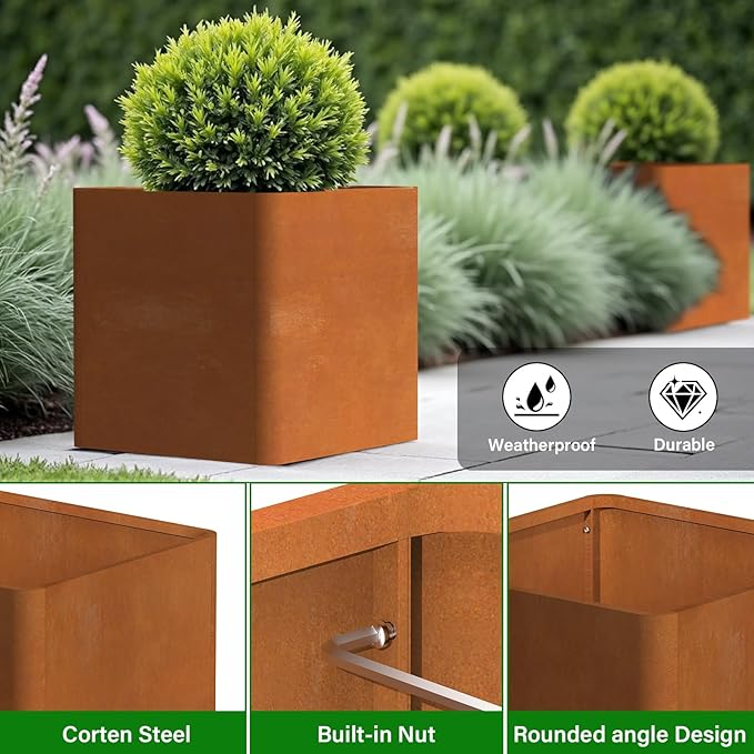 Corten Steel Planter Box 24" L x 24" W x 24" H,Large Metal Square Planter for Outdoor Plants,Metal Cube Flower Pot with Drainage Hole for Porch Hotel Patio Yard