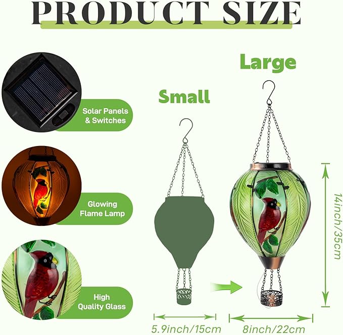 Large Hot Air Balloon Cardinal Solar Lantern Lights with Flame, Green Glass Balloon Lantern Waterproof Outdoor Decor for Garden Yard Patio, Birthday Mother's Day Gifts for Moms Women
