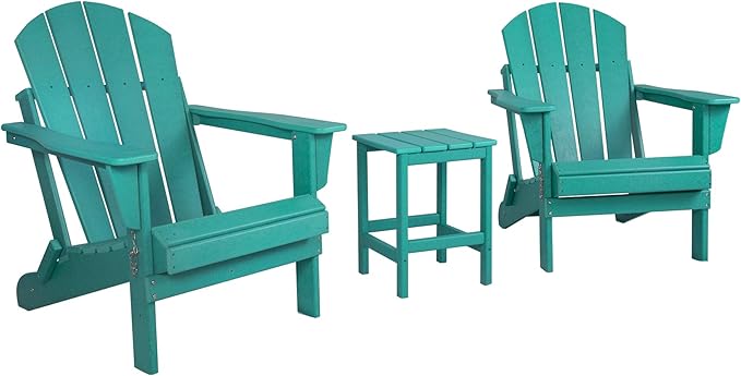 WO Home Furniture Adirondack Chairs Table Set of 3 PCS Outdoor Folding Chairs Side End Table Weather/UV Resistant for Lawn, Garden, Bon Fire, Balcony (Turquoise)