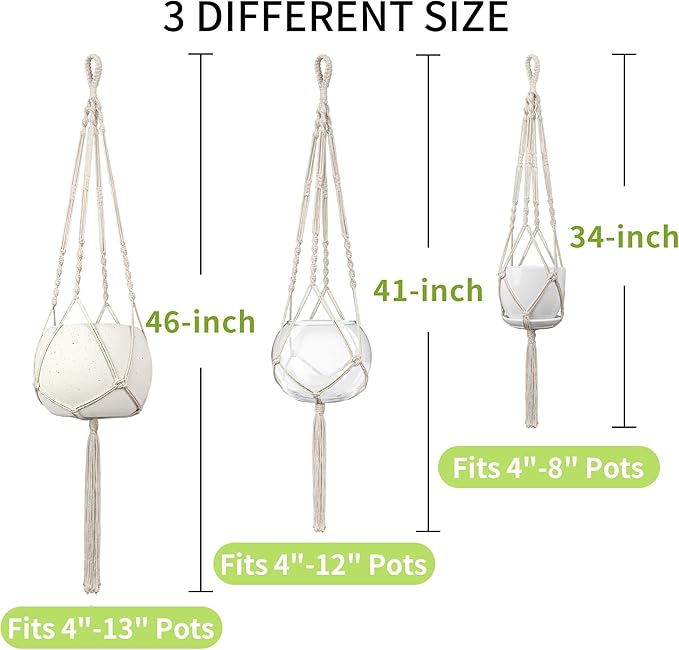 Macrame Plant Hanger, 34"/41"/46" 3 Sizes, Hanging Planters for Indoor Outdoor Plants, Flower Pot Holder with Wood Beads & Tassels for Boho Home Decor, 3 Pack, Ivory