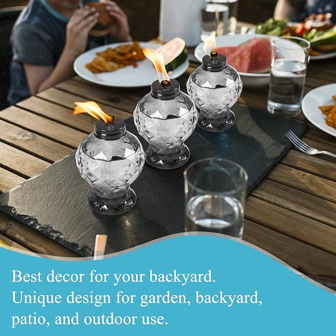 Tewei 4 Pack Grey Table Top Light Torches Outdoor, Mini Glass Torches Lanterns for Outside, Easy to Refill Citronella Torches for Garden Patio Yard Party