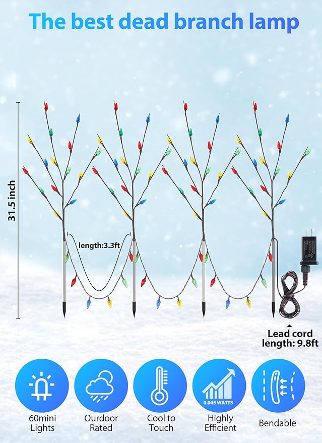 Brightown Christmas Pathway Lights Outdoor, 4 Packs Lighted Branch Lights Plug in, C6 Driveway Christmas Lights, Outdoor Christmas Stems Outdoor Decorations Yard, Multicolor