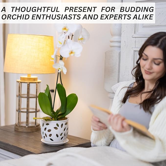 Orchid Pot with Holes & Saucer Ceramic 5.25 in. Indoor or Outdoor Large Pot for Orchid Care & Root Health with Precise Aeration & Drainage – Durable for Repotting or New Plants