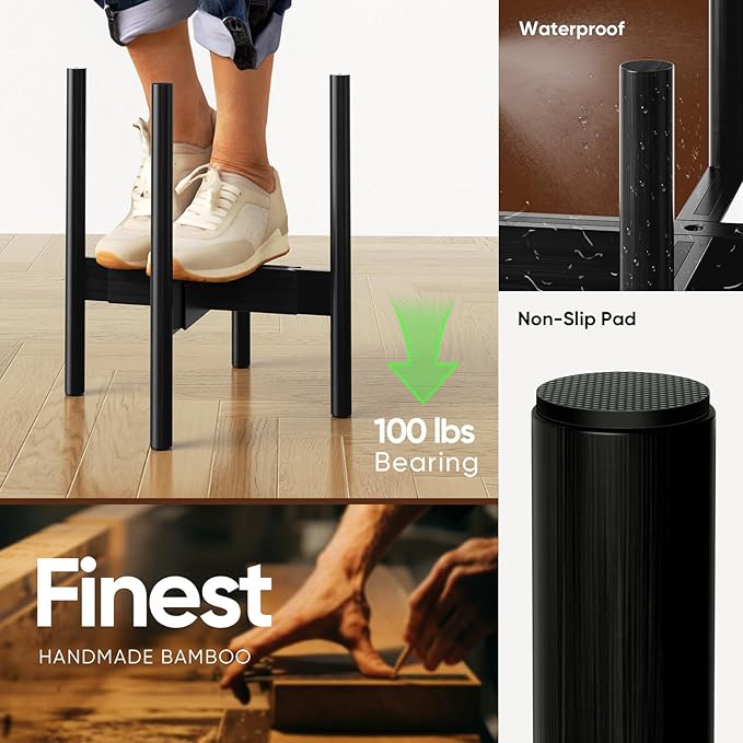 MUDEELA Adjustable Plant Stand Indoor, Bamboo Plant Stand 8 to 12 Inches, Single Floor Plant Stand for Indoor Plants, Bamboo Black Planter Stand for Indoor Plants, Pot Plant Not Included