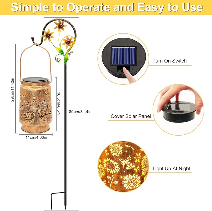 Sunflower Solar Lanterns Garden Decor, Birthday Gifts for Women Mom Grandma Metal Hanging Solar Lights Waterproof Outdoor Decoration LED Lanterns with Shepherd Hook for Outside Garden Yard Patio