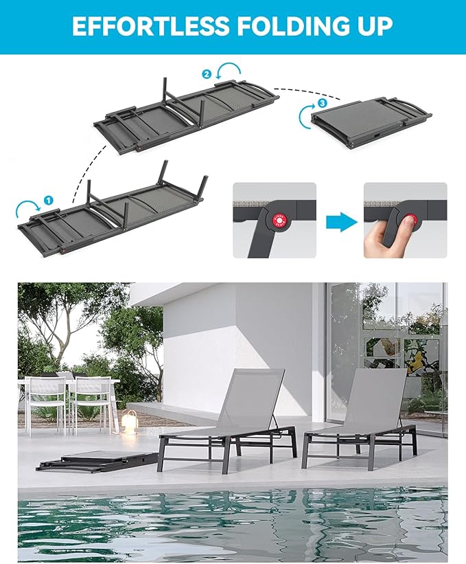 Aluminum Chaise Lounge Chair Outdoor, Foldable Patio Lounge Chair 2 Sets Assemble-Free, Pool Lounge Chairs with 5 Adjustable Backrest, Outdoor Lounge Chairs for Outside Poolside Beach Lawn Grey