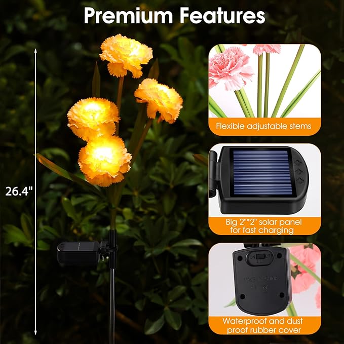 Solar Flowers Outdoor Waterproof, Solar Carnation Stake Lights Outside with 12 Real Looking Flowers for Yard Decorations Outdoor, Front Yard, Garden, Flower Bed, Lawn, Patio Decor (3 Pack)