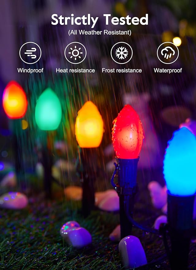 Brightown Frosted C9 LED Christmas Lights Outdoor, 32Ft Pathway Lights with 25 LED Bulbs and Stakes, Multicolor Christmas Decorations for Outside Driveway, Walkway, Sidewalk