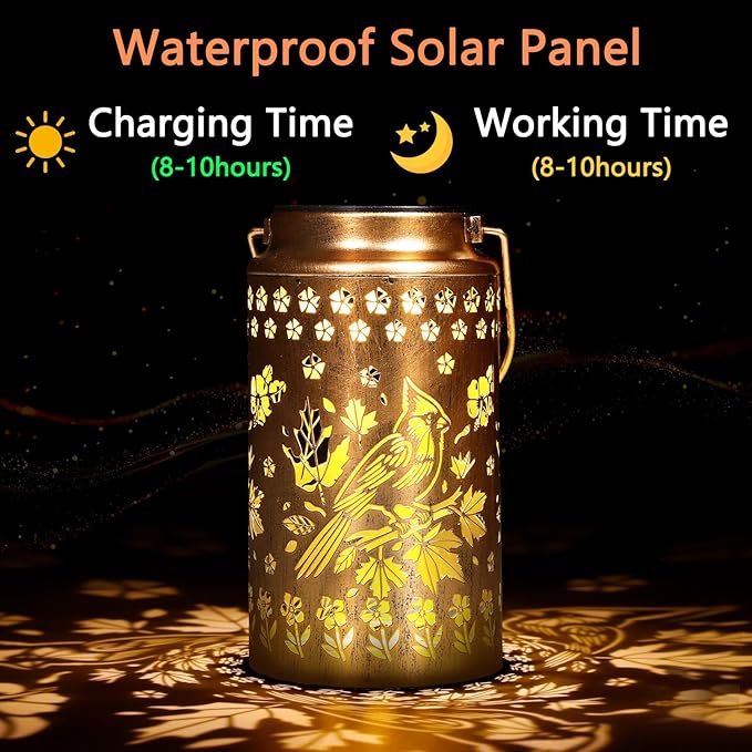 4 Pack Cardinal Solar Lanterns Outdoor Waterproof, Metal Hanging Lights Decorations for Garden Yard Lawn Patio, Cardinal Gifts for Women Mom Grandma Gardener for Mother'Day Christmas