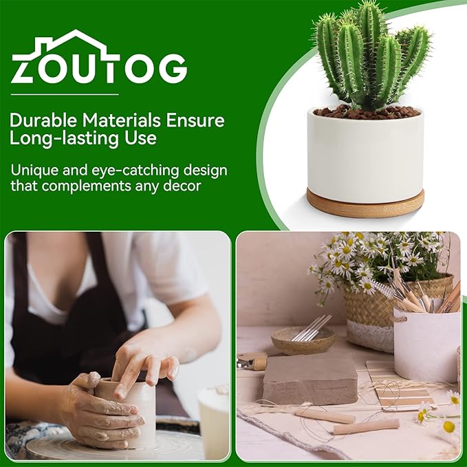 ZOUTOG Succulent Planter, White Mini 3.15 inch Ceramic Flower Planter Pot with Bamboo Tray, Pack of 4 - Plants Not Included