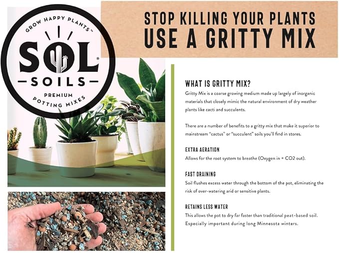 Sol Soils Succulent Gritty Mix 1 Gallon - Fast Draining Peat Moss Free Succulent Soil Potting Mix with Coconut Husk Chips, Perlite & Pumice
