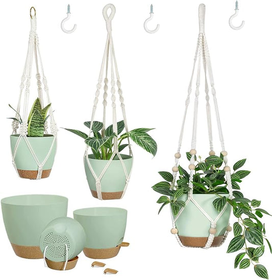 Self Watering Hanging Planters for Indoor Plants 3 Pack Macrame Plant Hangers with Drainage Holes Pots and Hooks for Home Garden Decor Green
