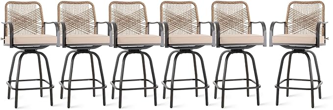 Outdoor Bar Stools Set of 6, Patio Swivel Counter Height Rattan Bar Stools, Patio Wicker Bar Swivel Chairs with Cushion, Outdoor Pool Bar Chairs for Backyard Garden Balcony w /360 Rotation