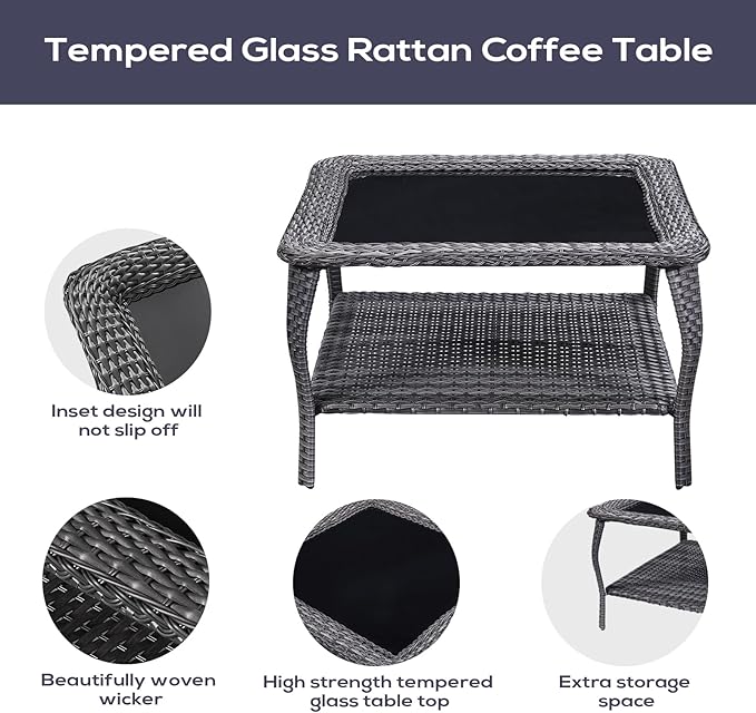 Outdoor Furniture Sectional Sofa L Shaped Couch - Patio Wicker Furniture Set with Coffee Table, 3 Piece Rattan Patio Conversation Sets with Gray Cushion for Deck Backyard Sunroom