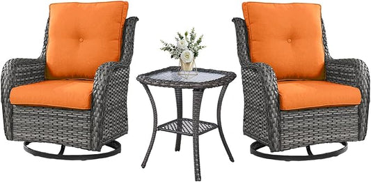 Outdoor Swivel Rocker Wicker Chairs Set of 3, High Back Swivel Patio Chairs Wicker Furniture Set, 2 PCS Rattan Swivel Rocking Chair with Side Table, Orange Cushion
