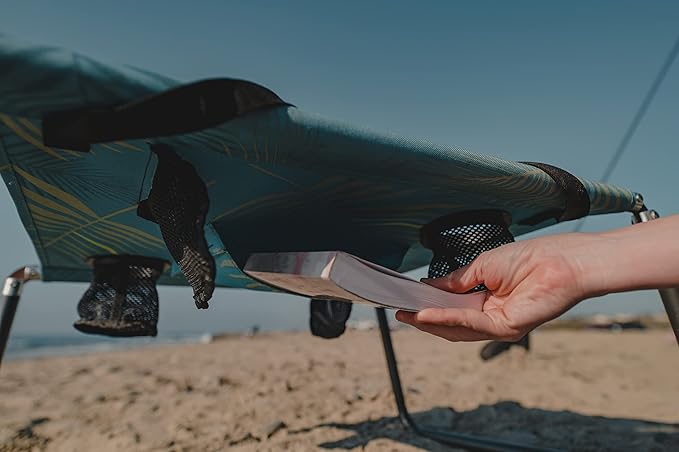 Neso Portable Beach Table with Cup Holders, Cell Phone Pockets, Lightweight for Picnics and Parks (Aqua Fronds)
