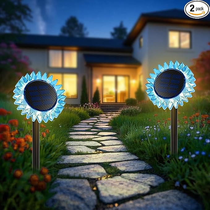 Outdoor Solar Lights, 2 Pack Led Solar Sunflower Lights, Stake/Wall 2-in-1 Waterproof Solar Garden Lights for Yard, Landscape, Fence, Patio, Driveway, Pathway, Backyard Decoration (Warm White)