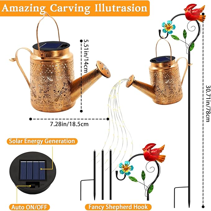 Solar Lights Outdoor Garden Decor, Cardinals Hanging Waterproof Watering Can Lights Outside Decorations for Yard Front Porch Patio Backyard Gift for Mom Grandma Women Birthday （with Shepherd Hook）