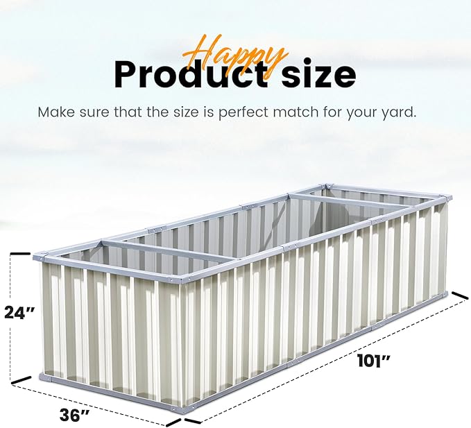 KING BIRD Galvanized Raised Garden Bed with 2 Installation Methods for DIY, 101" x 36" x 24" Heightened Planter Kit Box Outdoor for Deep-Rooted Vegetables, Flowers, Ivory