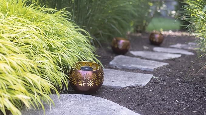 Original Solar Fire Bowl 8” (4-Pack) Decorative Metal Solar Patio Light with Flickering Flame, Waterproof Dusk-to-Dawn Garden Lantern in Bronze/Copper Finish