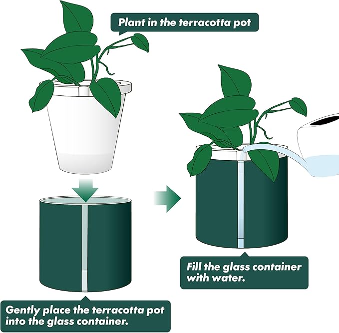 D'vine Dev 8 Inch Design Self Watering Planter for Indoor Plants, White Terracotta Pot with Teal Cylinder Glass Cup, 37-X-C-5