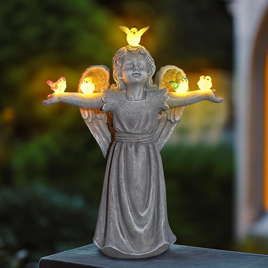 MININOVA Solar Angel Garden Statue with Birds Outdoor Solar Light Decorations Resin for Yard Patio Porch Balcony Housewarming Birthday Gifts for Women
