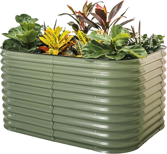 Vego garden 32" Extra Tall Raised Garden Bed Kits, 6 in 1 Modular Raised Planter Box for Vegetables Flowers Fruits Oval Metal Raised Garden-Olive Green