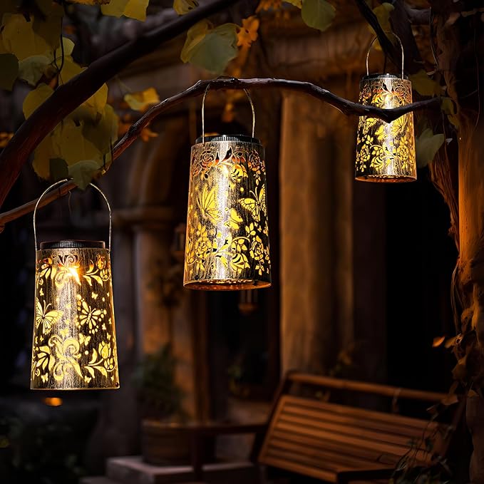 Solar Lanterns Butterfly Pattern Outdoor Waterproof Metal Garden Yard Backyard Porch Table Pathway Decor Warm Cool Light for Women Grandma Gifts 1pc