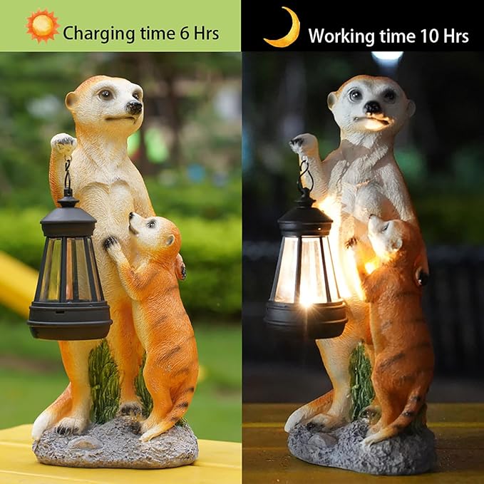 Solar Outdoor Garden Statues Lights ,Resin Meerkat Figurine with Solar Lantern Outdoor Decor for Yard Decoration Lawn Patio Balcony Ornament, Mom Gifts Birthday Gifts for Women