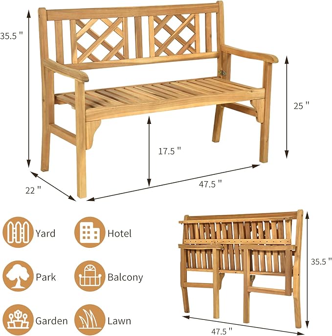Tangkula Folding Outdoor Wood Garden Bench, Foldable Acacia Wood Patio Bench with Wide Curved Armrest & Backrest, Outside 2-Person Loveseat Chair for Entryway, Yard, Deck, Balcony & Park