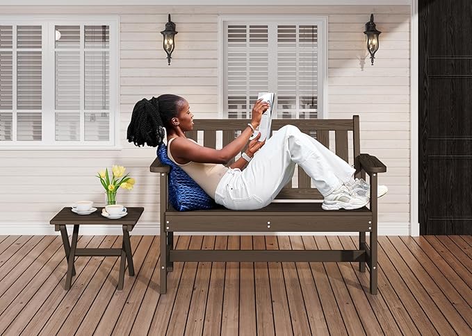 SERWALL Outdoor Bench, HDPE Outdoor Benches Weatherproof, 2-Person Garden Bench with 660 lbs Weight Capacity, Patio Benches for Outdoors, Garden, Porch, Backyard and Park, Coffee, 2 Pack