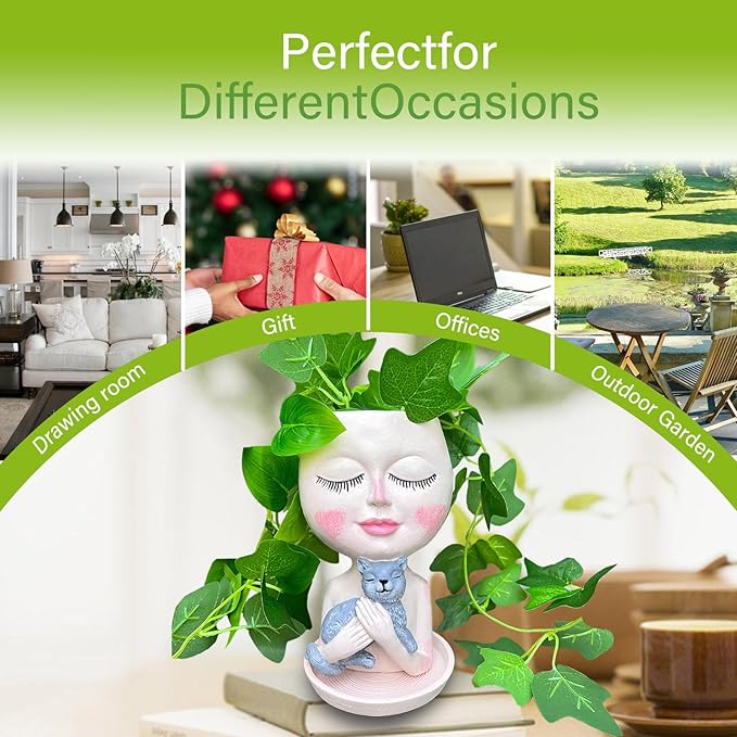 Head Planter with Drainage Hole, Resin Art Vase, Cute Lady Hugging Cat Succulent Flower Pots, Unique for Indoor Outdoor Decor, 7.28in