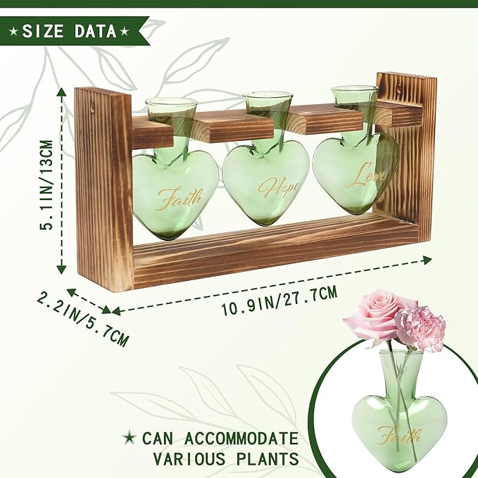 Plant Terrarium Propagation Stations Faith Hope Love Hydroponics Home Garden Decoration Gift for Women with Wooden Stand Heart Shaped Colored Glass Vase
