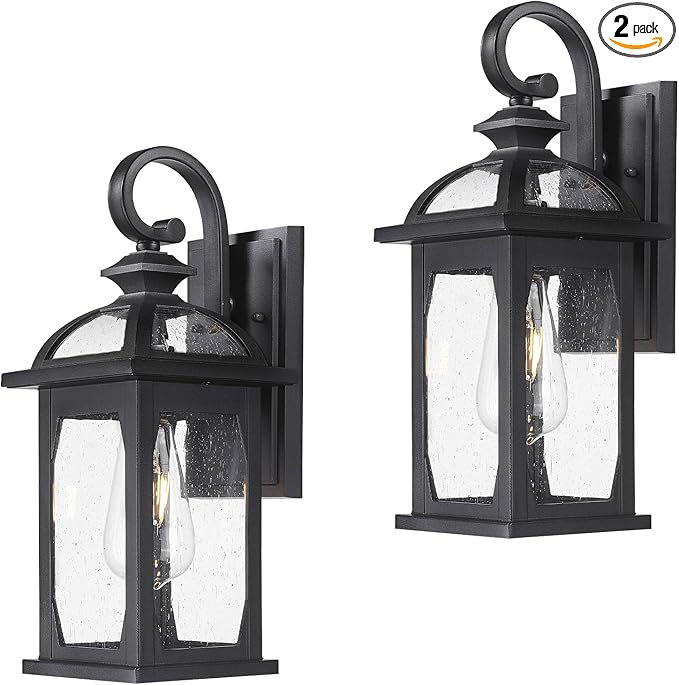 zeyu 2 Pack Outdoor Wall Lantern for Porch, 15 Inch Patio Wall Light Fixture Exterior Lights for House, Die-Cast Aluminum, Black Finish with Seeded Glass, ZD100B-2PK BK