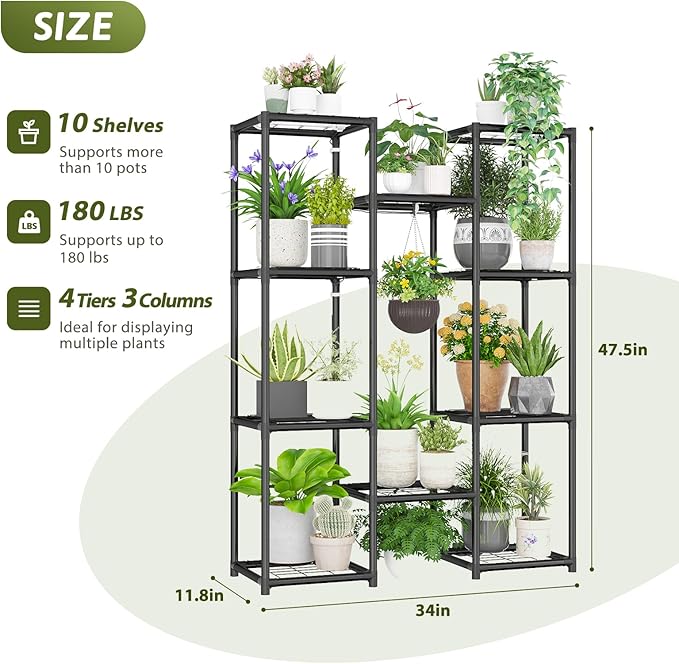 Plant Stand With Grow Lights Plant Stand Indoor Plant Shelf Metal Plant Rack Plant Holder Flower Pot Stand for Multiple Plants for Living Room Patio Balcony Garden Porch Black