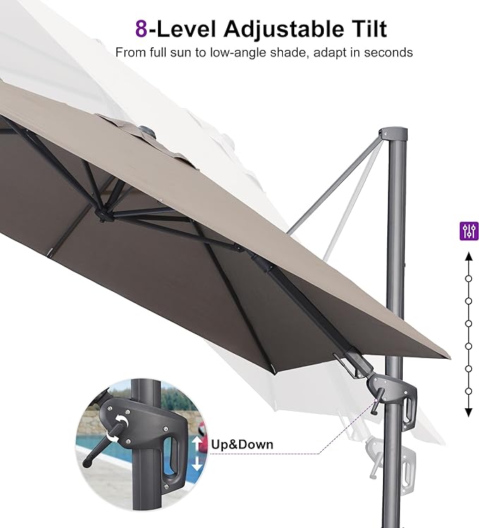 PURPLE LEAF 10' X 6.5' Left-right Tilting Outdoor Patio Umbrella Swivel Offset Cantilever Heavy Duty Rectangle Aluminum Umbrella with UV Resistant for Deck Pool Patio Backyard, Ash Mocha
